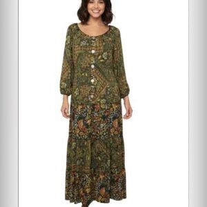 New Fig & Flower 2X olive boho floral green bohme Anthropologie maxi dress $168